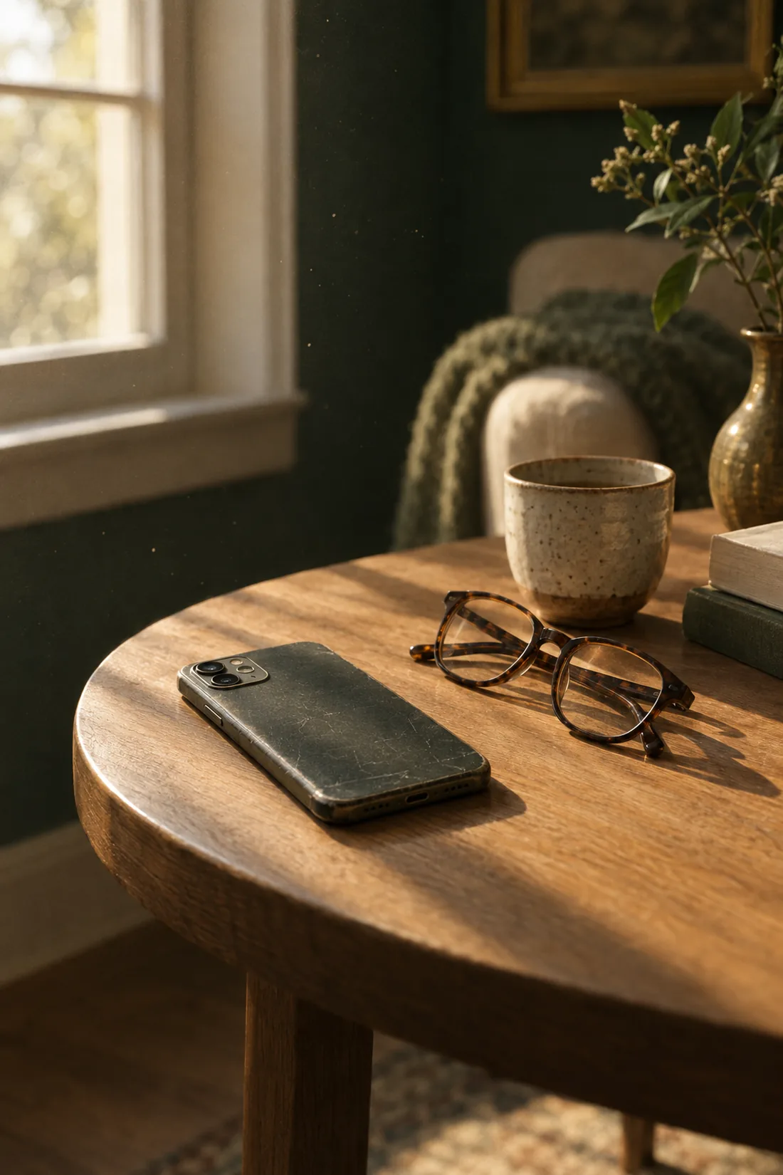 A worn phone resting on a wooden side table in late afternoon light, beside reading glasses and a ceramic cup.